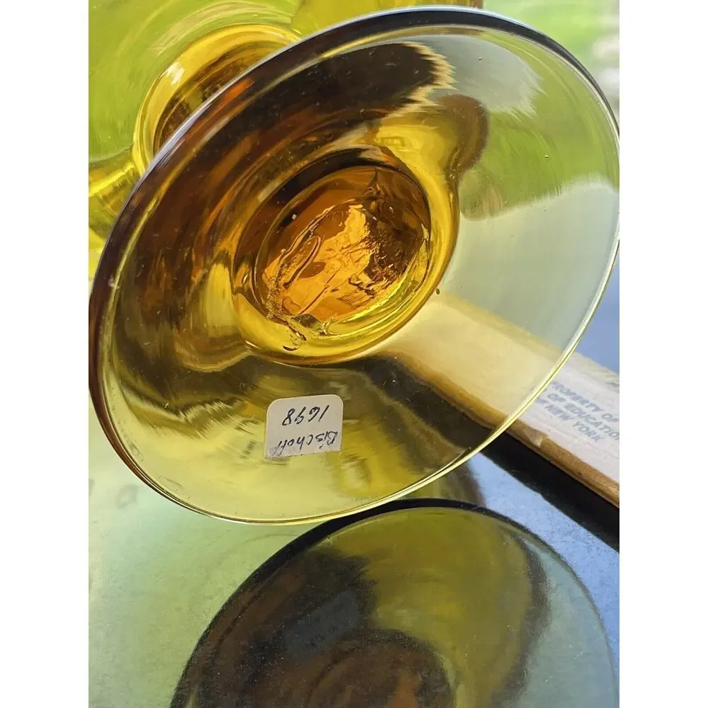 Bischoff Gold Footed Bubbles Compote Bowl Pinched Edge Art Glass Amber Pedestal‎